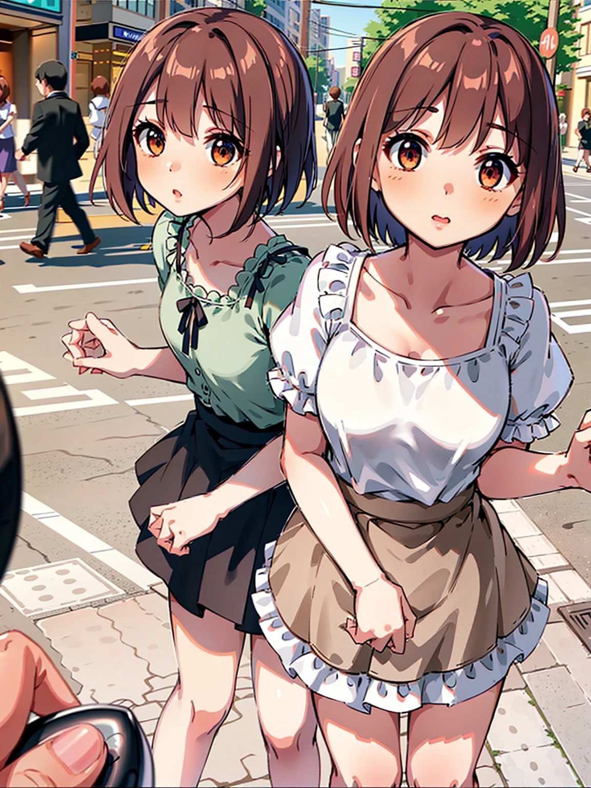 Regular pantyhose、Ultra-detailed、masterpiece、Highest quality、Ultra-high resolution、In 8K、high resolution、Detailed eyes、Gradation、Perfect anatomical figure ,hard disk、Hmph , Nikon Z9 80mm Lens 、Tabletop、Cinema Lighting, Physically Based Rendering, Award-winning, Highly detailed skin, Highly detailed face, Beautiful eyes in every detail、White Lace Lingerie Panties、Fancy panties、Detailed Panty Pattern、Panty Focus、(Pink cotton tight mini skirt), Light orange tank top、10-year-old female, (Beautiful light brown hair, High Ponytail、Looking into the camera、Daytime street、Bright sun、crotch grab,public