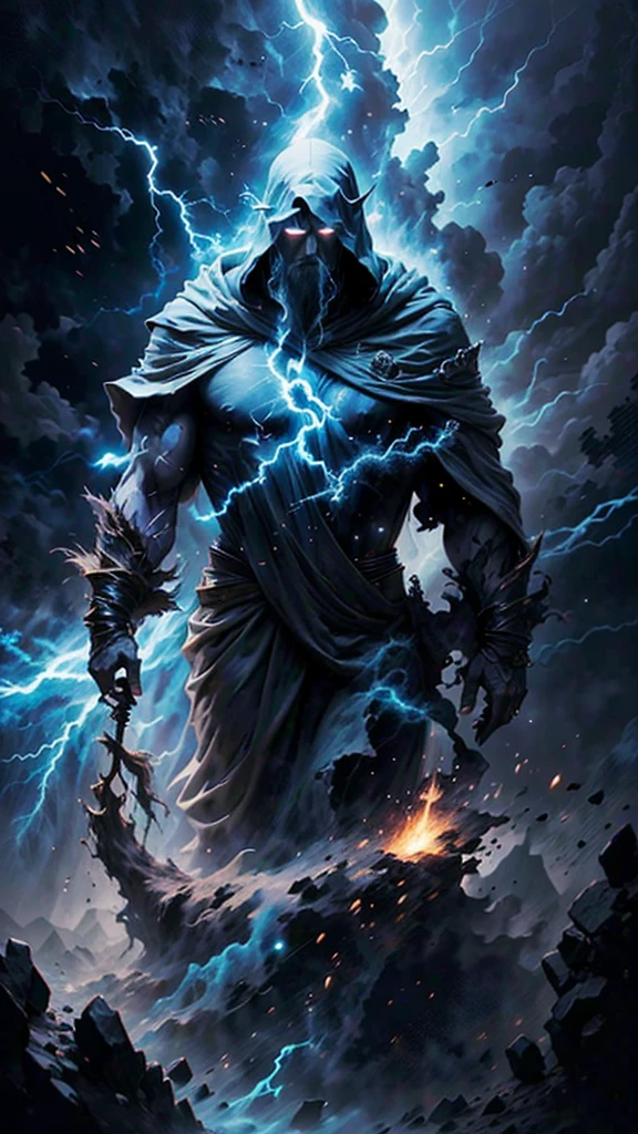 A majestic old mage with gray hair and beard, piercing blue eyes, wearing a large hooded dark robe, conjuring a powerful lightning spell, dynamic storm background, (best quality,4k,8k,highres,masterpiece:1.2),ultra-detailed,(realistic,photorealistic,photo-realistic:1.37),male character,lightning mage,uses lightning,magical lightning powers,gray hair,gray beard,bright blue eyes,hood,large and dark clothes,magic style,magic effect of electricity,posture of a mage,lightning project,dark background,storm background,dynamic point of view,old man,magical power,divine character