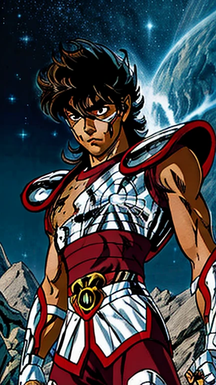 Artgerm (Stanley Lau) Style, shingoaraki-smf style, knights of the zodiac, saint seiya, 1 boy, messy brown hair, expression of determination on her face, pegasus seiya , bandages, Blood, injured, pegasus armor, Broken Armor, rock ruins background, posture of battle, cosmos, energy stars, blue aura 