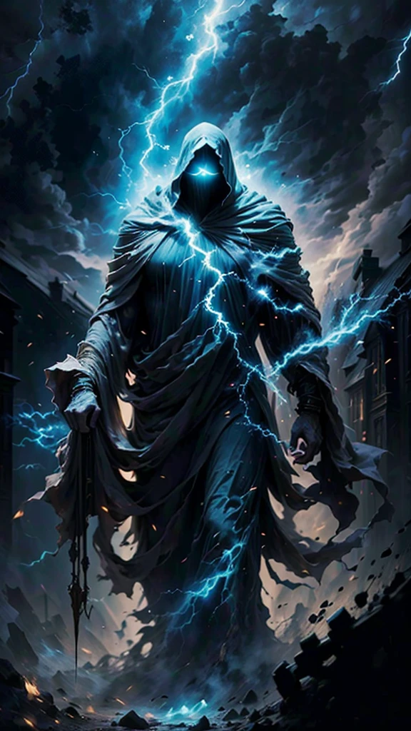 A majestic old mage with gray hair and beard, piercing blue eyes, wearing a large hooded dark robe, conjuring a powerful lightning spell, dynamic storm background, (best quality,4k,8k,highres,masterpiece:1.2),ultra-detailed,(realistic,photorealistic,photo-realistic:1.37),male character,lightning mage,uses lightning,magical lightning powers,gray hair,gray beard,bright blue eyes,hood,large and dark clothes,magic style,magic effect of electricity,posture of a mage,lightning project,dark background,storm background,dynamic point of view,old man,magical power,divine character