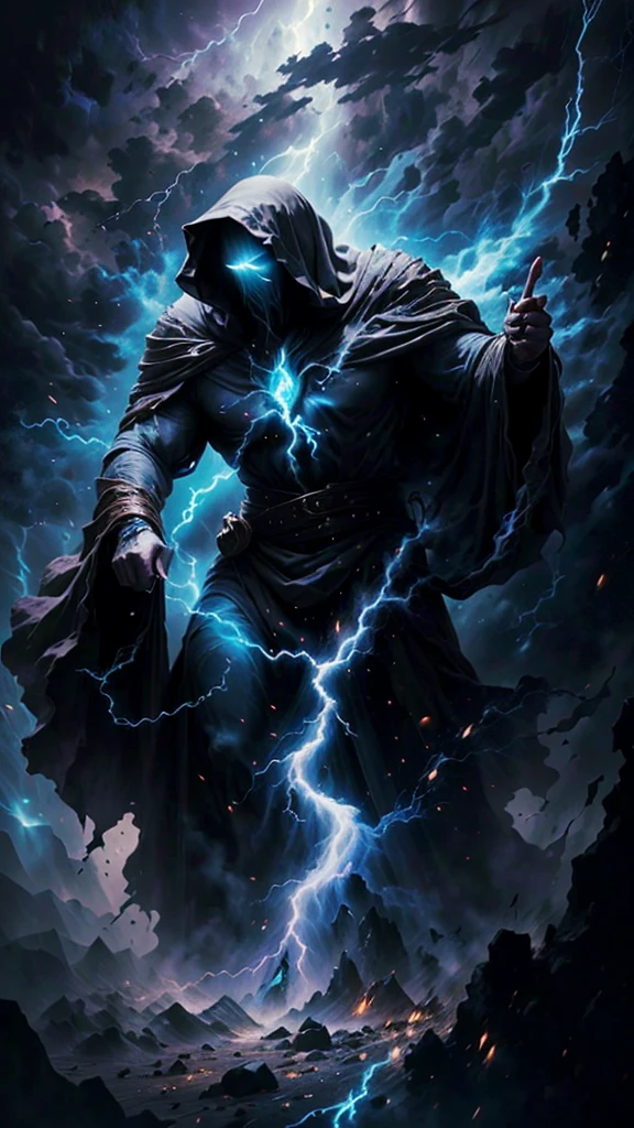 A majestic old mage with gray hair and beard, piercing blue eyes, wearing a large hooded dark robe, conjuring a powerful lightning spell, dynamic storm background, (best quality,4k,8k,highres,masterpiece:1.2),ultra-detailed,(realistic,photorealistic,photo-realistic:1.37),male character,lightning mage,uses lightning,magical lightning powers,gray hair,gray beard,bright blue eyes,hood,large and dark clothes,magic style,magic effect of electricity,posture of a mage,lightning project,dark background,storm background,dynamic point of view,old man,magical power,divine character