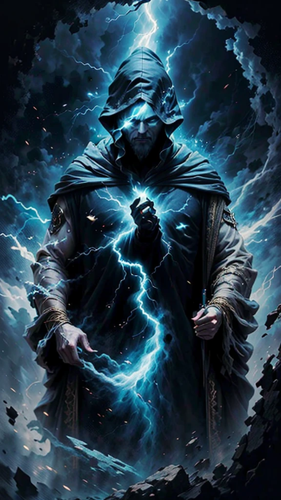 A majestic old mage with gray hair and beard, piercing blue eyes, wearing a large hooded dark robe, conjuring a powerful lightning spell, dynamic storm background, (best quality,4k,8k,highres,masterpiece:1.2),ultra-detailed,(realistic,photorealistic,photo-realistic:1.37),male character,lightning mage,uses lightning,magical lightning powers,gray hair,gray beard,bright blue eyes,hood,large and dark clothes,magic style,magic effect of electricity,posture of a mage,lightning project,dark background,storm background,dynamic point of view,old man,magical power,divine character