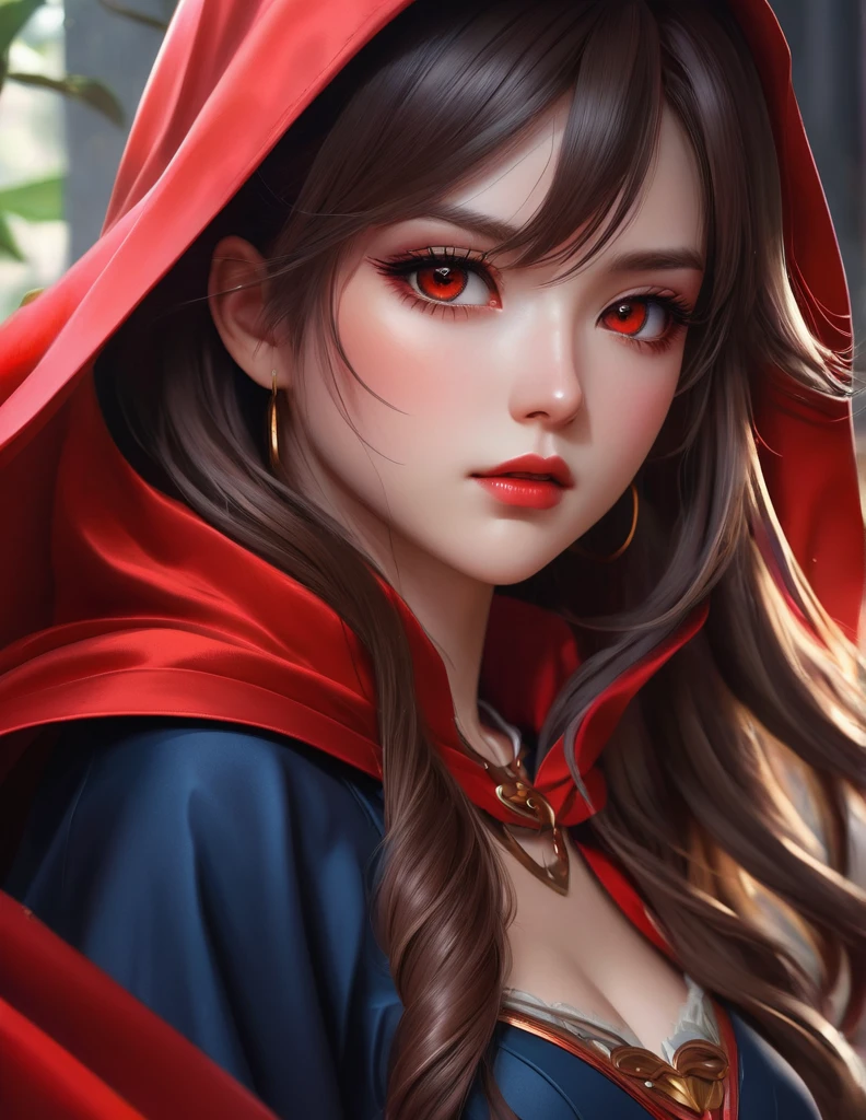 quality(8k wallpaper of extremely detailed CG unit, masterpiece, hight resolution, top-quality, top-quality real texture skin,hyper realisitic, digitial painting,increase the resolution,RAW photos,best qualtiy,highly detailed,the wallpaper),BREAK,8K, half face, Anime girl with long hair and a red cape on her head, Artgerm extremamente detalhado, estilo Artgerm, estilo de Artgerm, Artgerm. anime illustration, Artgerm. High detail, Artgerm em ArtStation Pixiv, nezuko kamda, olhos brilahantes, realistic Trend in ArtStation Pixiv, highes definition, 3d, 8K, Chibi