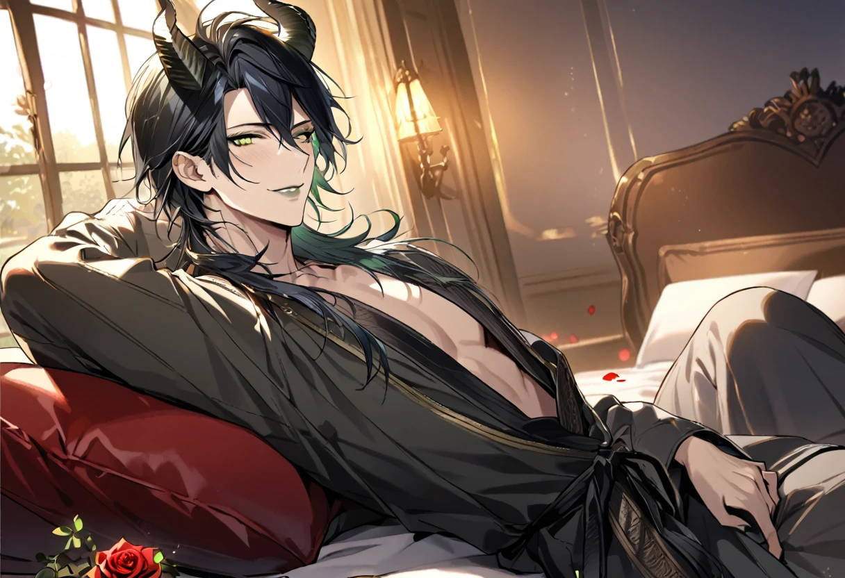 1boy, 1man, duo, super fine illustration, best quality, steam punk, luxurious hotel suite, king-size bed,young adult, black hair, blue eyes, silver hair, green eyes, handsome,peaceful sleeping, rose petals, soft lighting, serene expressions, window light, intimate,full-face blush, Naked a bathrobe,shut one's eyes,NSFW malleus draconia (twisted wonderland) horns, bishounen, boy, male, yana Toboso style, long hair, black hair, yellow green eyes, smile, gray lips, handsome, skinny, tall, yellow green glow,