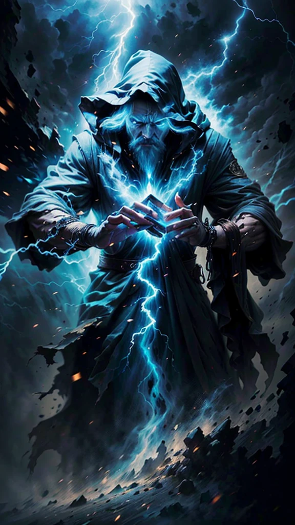 A majestic old mage with gray hair and beard, piercing blue eyes, wearing a large hooded dark robe, conjuring a powerful lightning spell, dynamic storm background, (best quality,4k,8k,highres,masterpiece:1.2),ultra-detailed,(realistic,photorealistic,photo-realistic:1.37),male character,lightning mage,uses lightning,magical lightning powers,gray hair,gray beard,bright blue eyes,hood,large and dark clothes,magic style,magic effect of electricity,posture of a mage,lightning project,dark background,storm background,dynamic point of view,old man,magical power,divine character