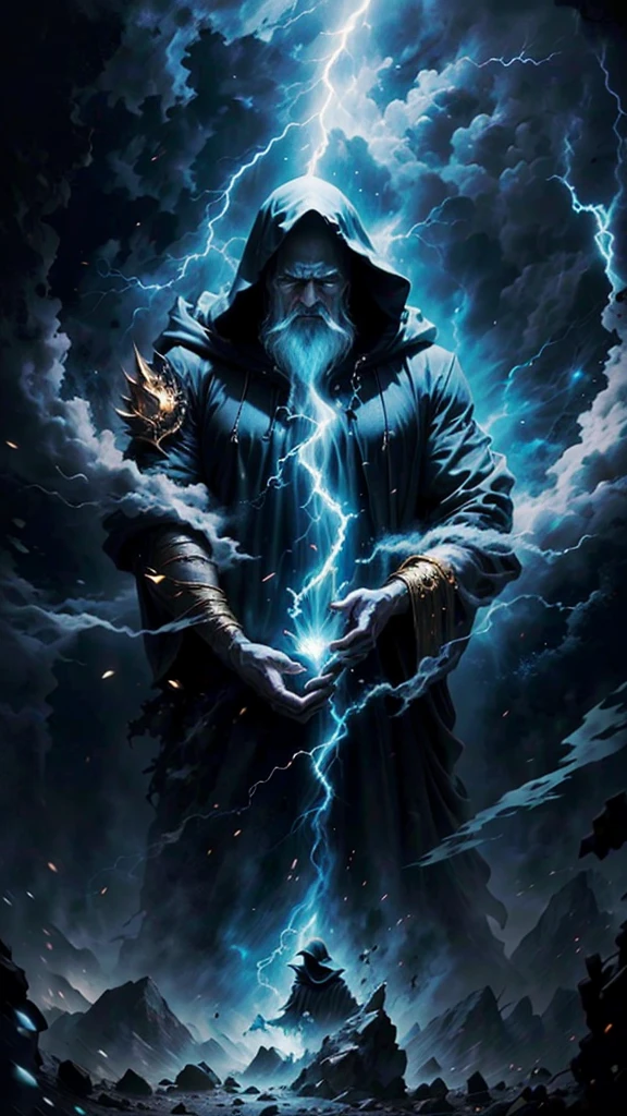 A majestic old mage with gray hair and beard, piercing blue eyes, wearing a large hooded dark robe, conjuring a powerful lightning spell, dynamic storm background, (best quality,4k,8k,highres,masterpiece:1.2),ultra-detailed,(realistic,photorealistic,photo-realistic:1.37),male character,lightning mage,uses lightning,magical lightning powers,gray hair,gray beard,bright blue eyes,hood,large and dark clothes,magic style,magic effect of electricity,posture of a mage,lightning project,dark background,storm background,dynamic point of view,old man,magical power,divine character