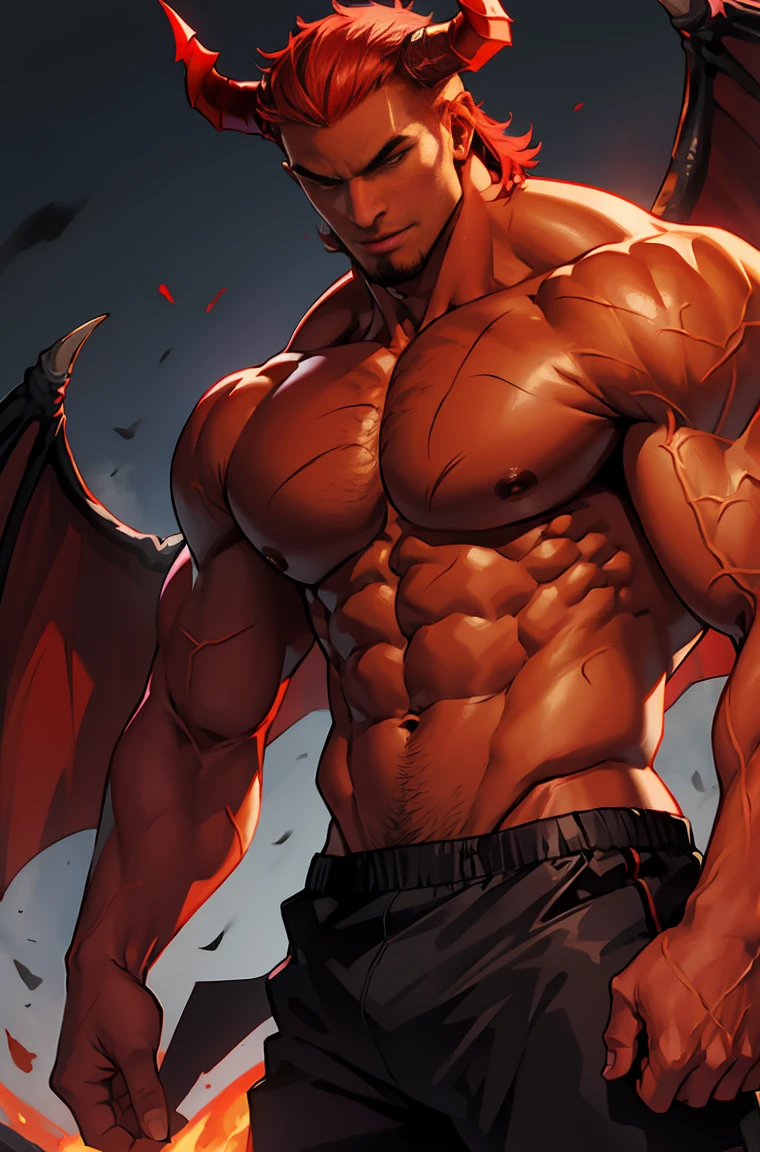 Demon, muscled body, absurdly tall body, hot male demon, red skin