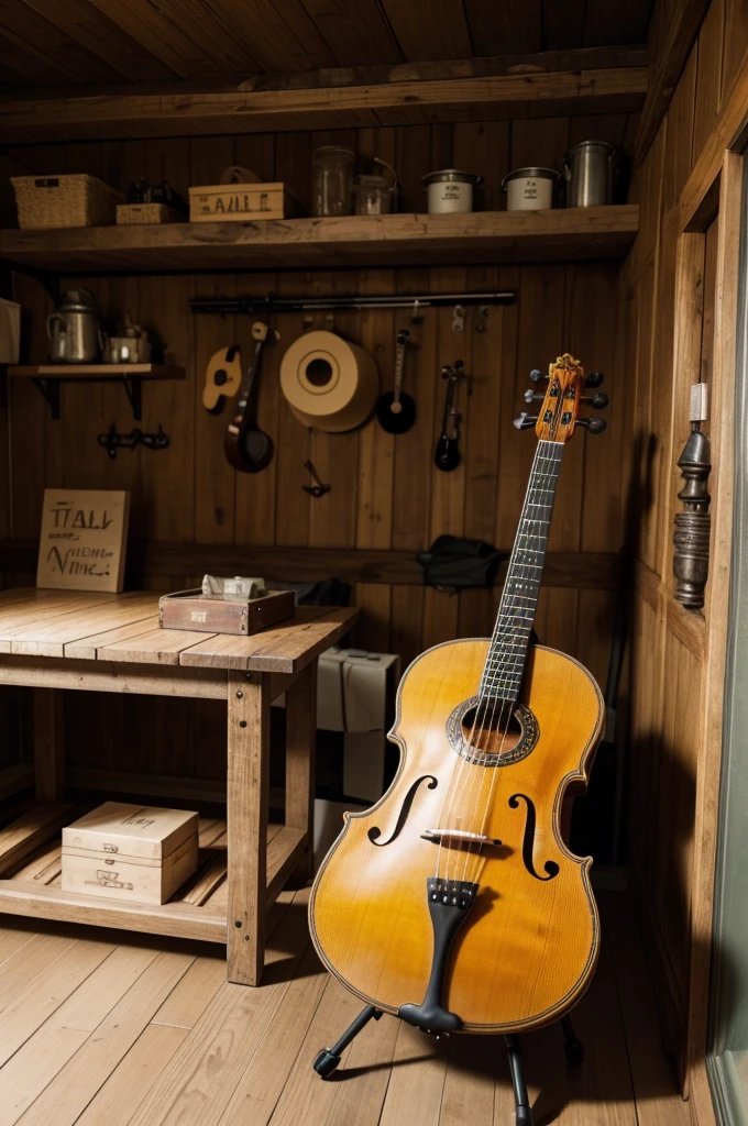 Make a luthiery with a guitar, violin,, table with tools, sign with the name GARAGEM SONORA written, rustic style guitars
