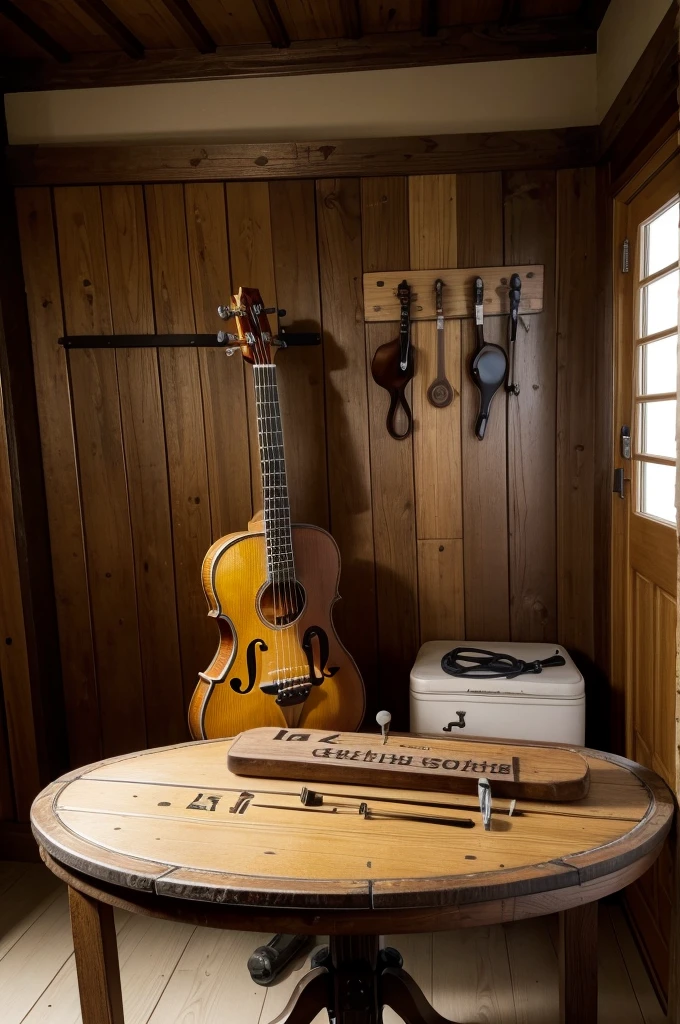 Make a luthiery with a guitar, violin,, table with tools, sign with the name GARAGEM SONORA written, rustic style guitars