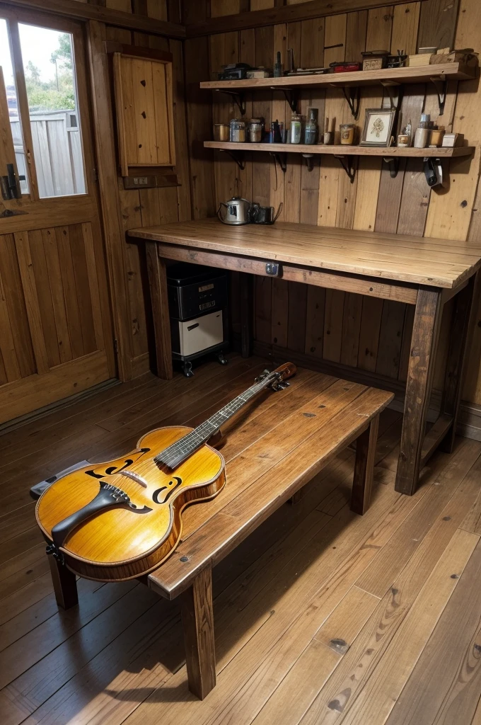 Make a luthiery with a guitar, violin,, table with tools, sign with the name GARAGEM SONORA written, rustic style guitars