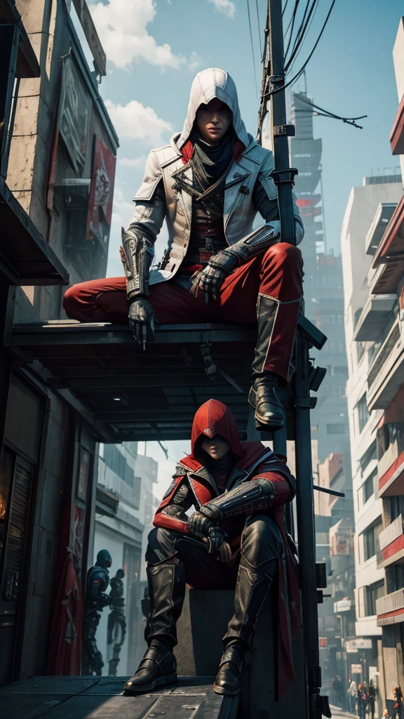Two Cyberpunk Assassin's Creed Holding swords, Sitting on the rafters on the wall on the restaurant street on a modern street. Robots work everywhere. Modern weapons. Modern red suit. Electronic city. Modern weapons. White suit. Hold the blade. Metal robot arm. Hold the gun. Many people pass by.Cooldown. Cool pose.