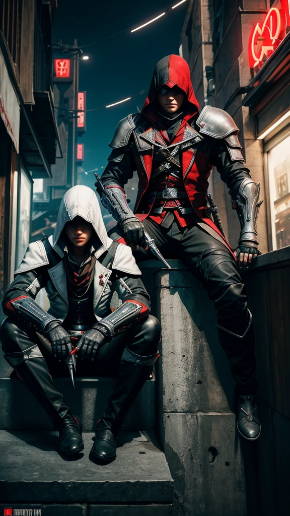 Two Cyberpunk Assassin's Creed Holding swords, Sitting on the rafters on the wall on the restaurant street on a modern street. Robots work everywhere. Modern weapons. Modern red suit. Electronic city. Modern weapons. White suit. Hold the blade. Metal robot arm. Hold the gun. Many people pass by.Cooldown. Cool pose.