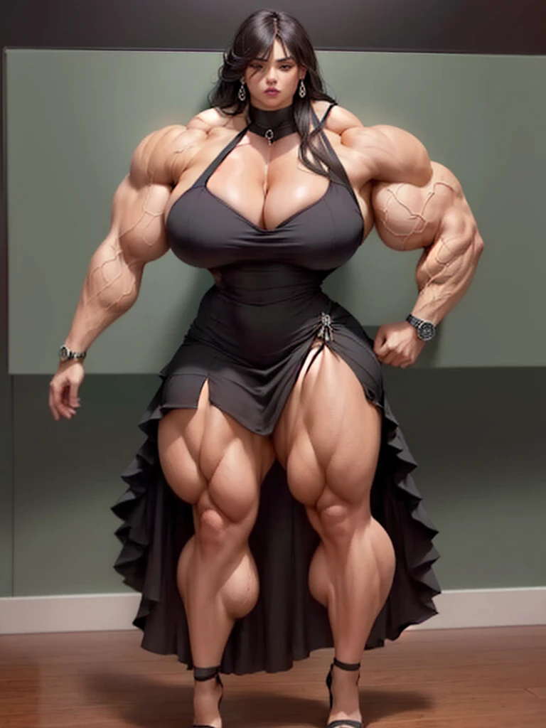 arafa woman posing in a black dress and high heels with a watch in the background, Very beauthful. big muscles, exaggeratedly large physique, huge muscles, huge muscles, muscular girl, muscular ultraviolent woman, big muscles, big muscles, feminine and muscular, powerful and huge, strong and imposing, big muscle, exaggerated physique, muscular and scary