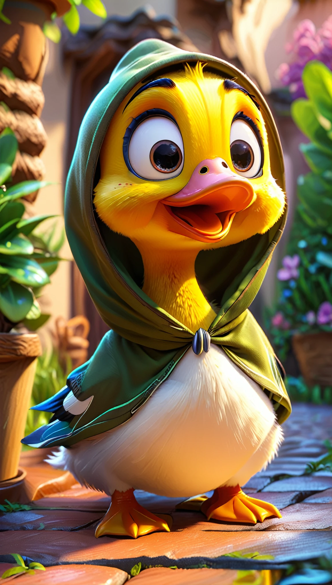 cartoon yellow duck, adorable digital painting, duckface, duck, cute goose, cartoon, looking at viewer, cute eyes, cute small shoes, hood, high quality, cartoon