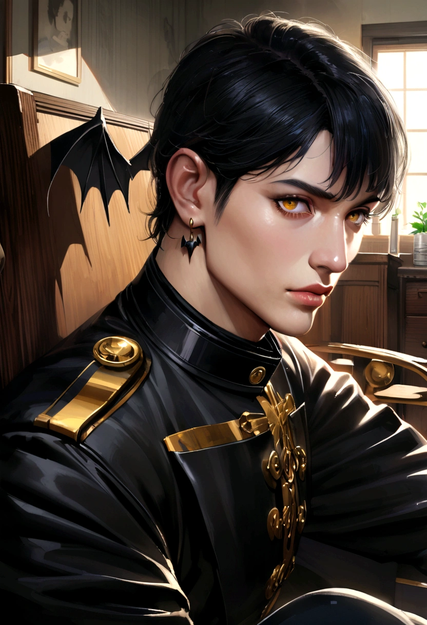 realistic anime, a man, balck hair, golden eyes, hons and black bat wings, use earrings and bodyguard uniform, sitting on a chair in a cozy room