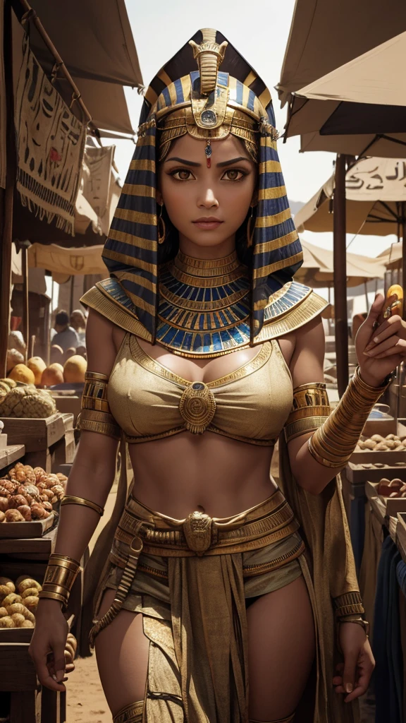 Created high-resolution images of two terrifying mummies in an ancient Egyptian marketplace. The first  wore a pharaoh's helmet and had long, sharp teeth and glowing yellow eyes. The second , wrapped in bandages, slightly behind the first , also has bright yellow eyes and an aggressive appearance. Around them were ancient market stalls and people in traditional ancient Egyptian clothes looking scared and surprised. The background depicts a desert village setting with .
