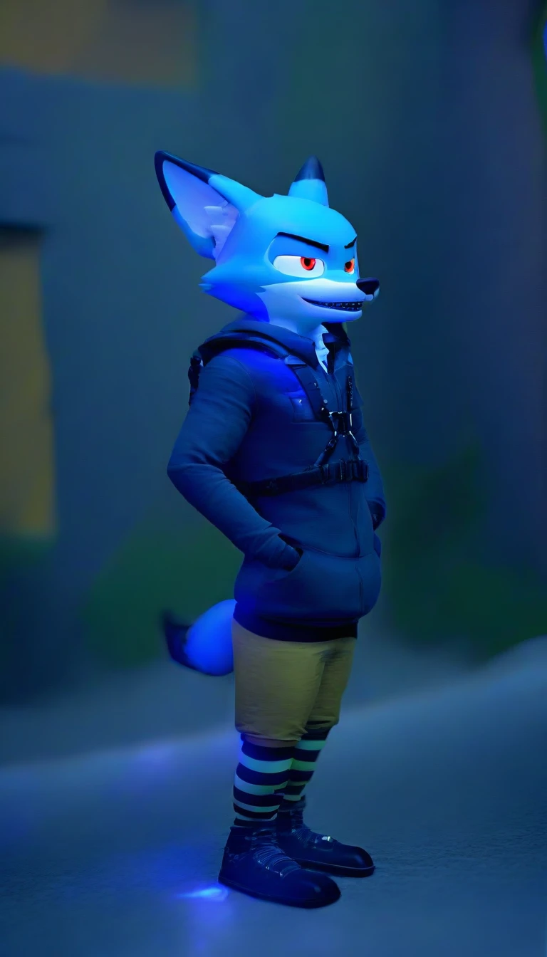 score_9, score_8_up, score_7_up, rating_safe,source_furry,anthro,source_3D, nick wilde male muscular fox A majestic phoenix reborn from digital ashes in a blaze of holographic flames Unreal Engine 9 (wearing striped socks and a harness)
