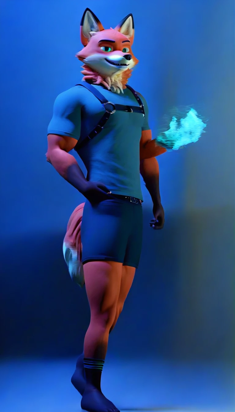 score_9, score_8_up, score_7_up, rating_safe,source_furry,anthro,source_3D, nick wilde male muscular fox A majestic phoenix reborn from digital ashes in a blaze of holographic flames Unreal Engine 9 (wearing striped socks and a harness)