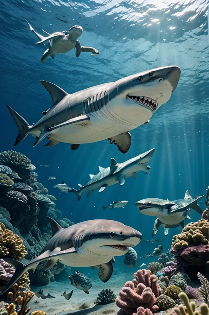 A shark and turtle racing in underwater