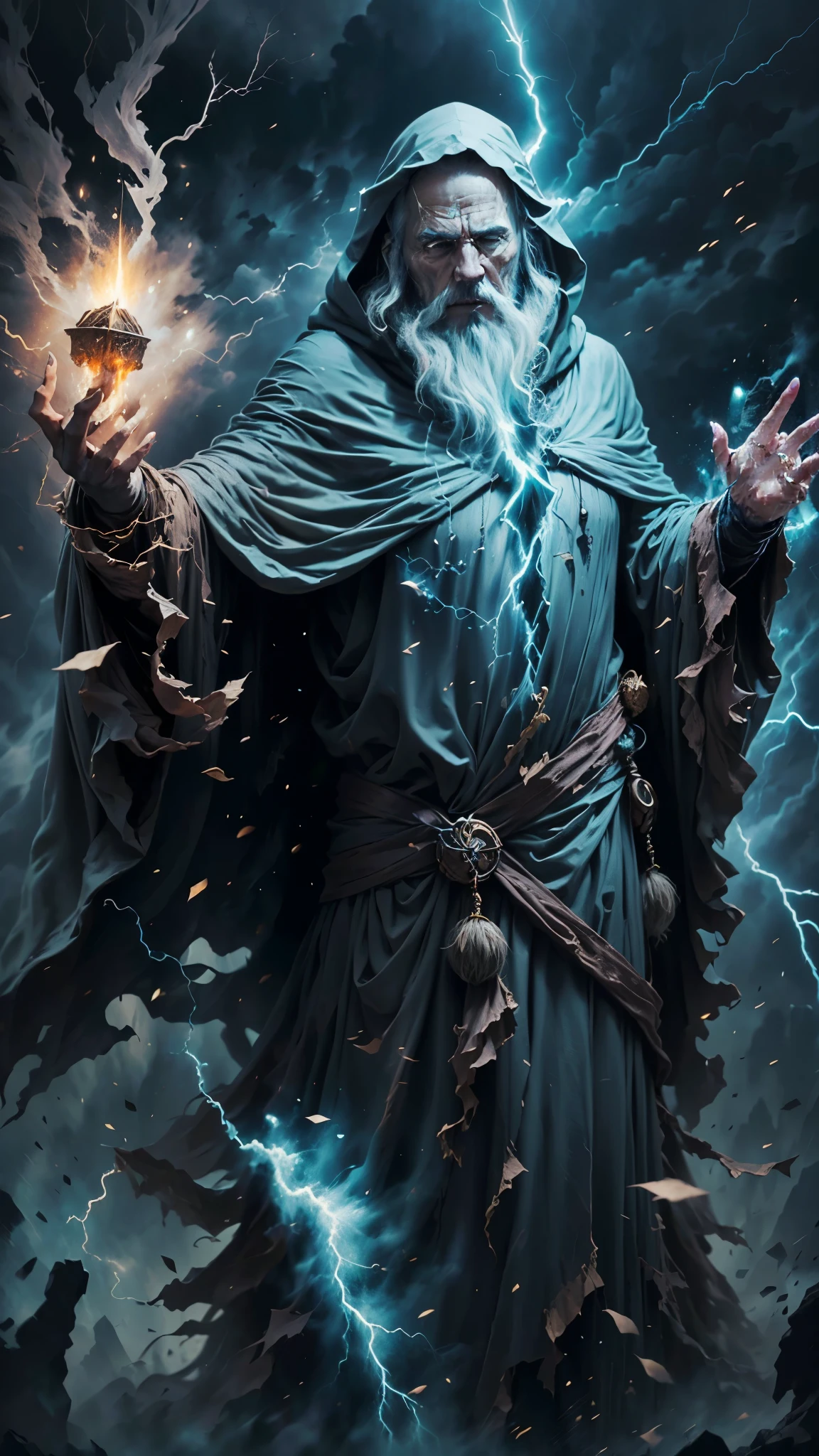 A majestic old mage with gray hair and beard, piercing blue eyes, wearing a large hooded dark robe, conjuring a powerful lightning spell, dynamic storm background, (best quality,4k,8k,highres,masterpiece:1.2),ultra-detailed,(realistic,photorealistic,photo-realistic:1.37),male character,lightning mage,uses lightning,magical lightning powers,gray hair,gray beard,bright blue eyes,hood,large and dark clothes,magic style,magic effect of electricity,posture of a mage,lightning project,dark background,storm background,dynamic point of view,old man,magical power,divine character