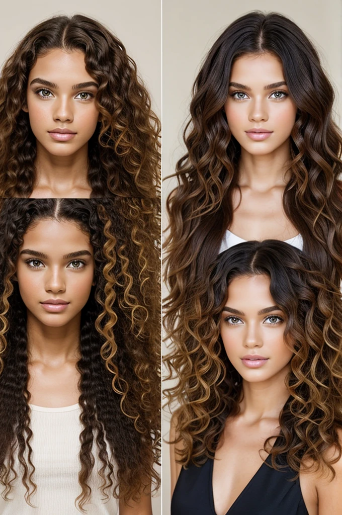 Before model with curly hair and after same model with smooth and straight hair 