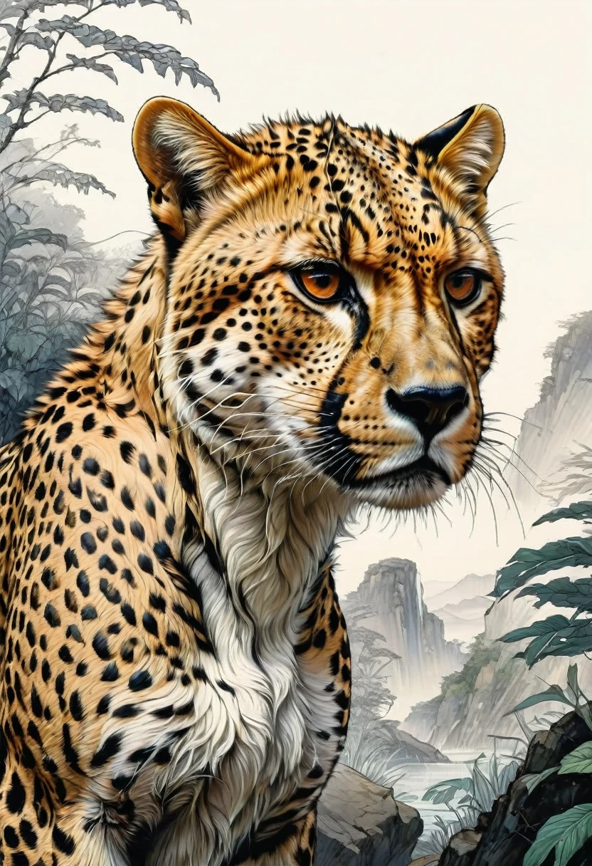 A Cheetah, by Naoki Urasawa, best quality, masterpiece, very aesthetic, perfect composition, intricate details, ultra-detailed