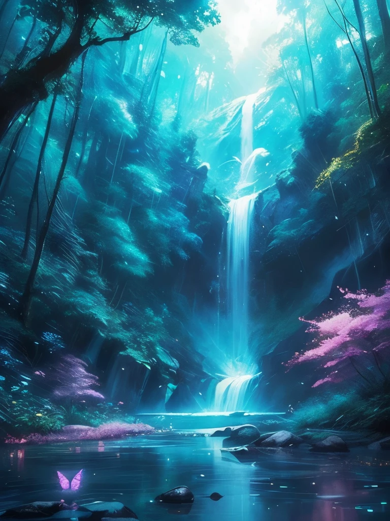 a waterfall in the middle of a forest with lots of butterflies flying around, 🌺 cgsociety, ross tran. scenic background, magical environment, lost in a dreamy fairy landscape, very magical and dreamy, magical fantasy forest, magical background, by Yang J, magical forest with fireflies, magic fairy forest, beautiful anime scene, stunning! concept art, magical landscape