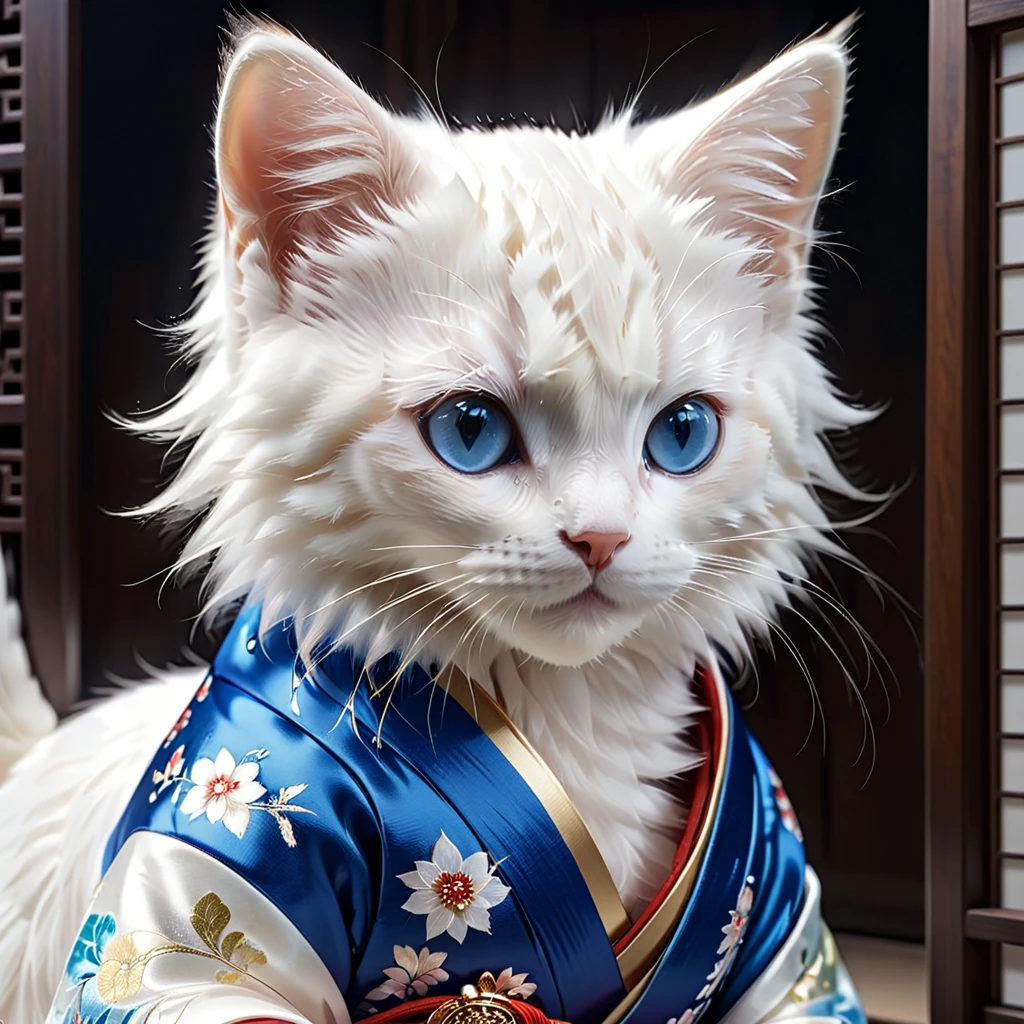 Top quality, masterpiece, realistic photo, exquisite details, original photo, super detailed, white furred kitten with blue eyes, Heian aristocrat, elegant colored twelve-layered kimono, perfect details, HD quality, 8K