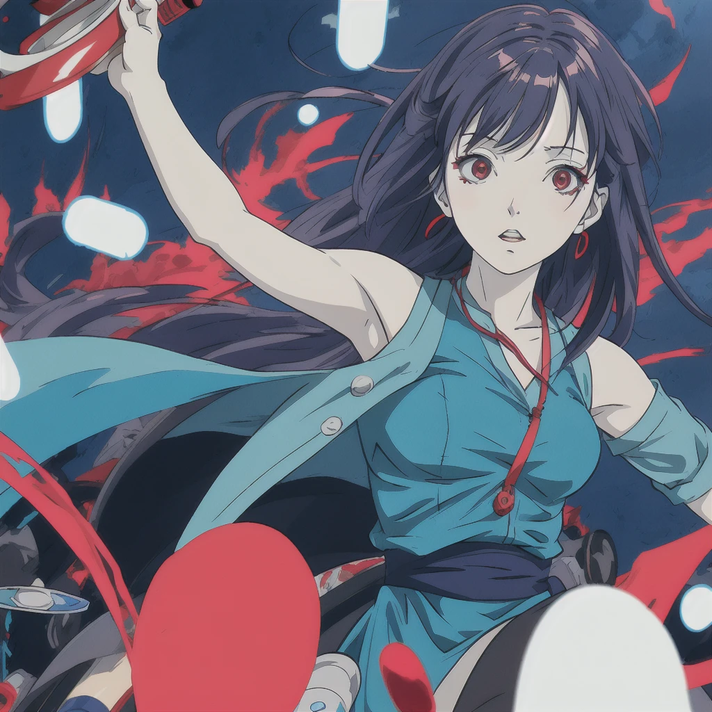 anime style, woman with red eyes, drunk, behind her several blue and red medicine capsules floating, dark image