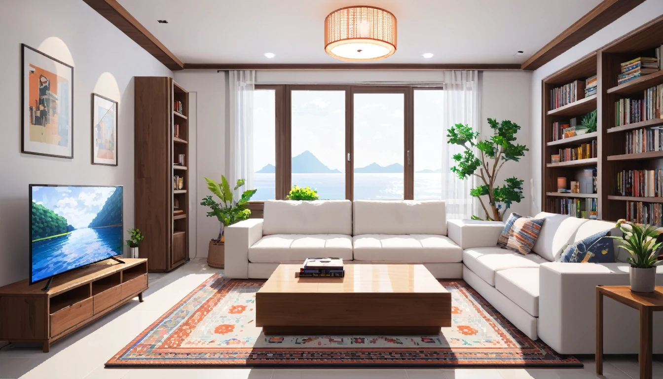  The minimalist modern basement room is adorned with a TV, bookshelf, refrigerator, sofa, pendant lights, a small wooden table, and a centrally placed carpet. Its white-painted walls enhance the spacious feel, reflecting light from the pendant lamps above. The décor combines functionality with aesthetic appeal, creating a serene ambiance perfect for relaxation or reading, pixel art,HDR,8k,high quality,photorealistic,detailed interior,masterpiece