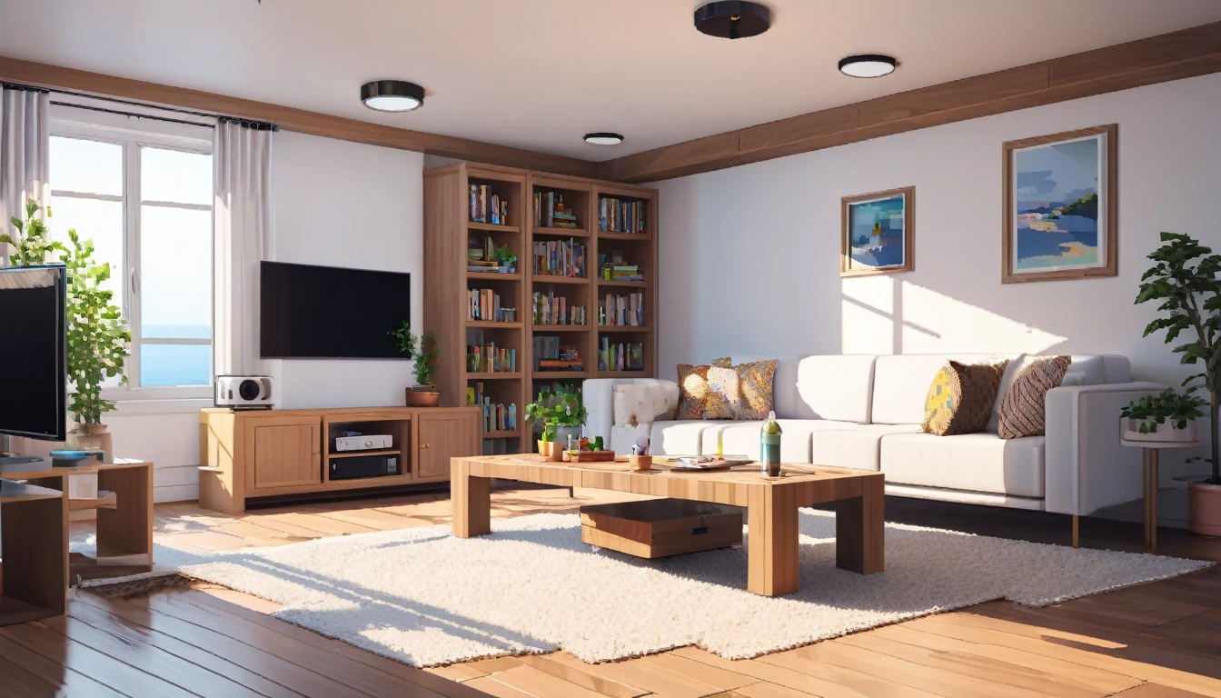  The minimalist modern basement room is adorned with a TV, bookshelf, refrigerator, sofa, pendant lights, a small wooden table, and a centrally placed carpet. Its white-painted walls enhance the spacious feel, reflecting light from the pendant lamps above. The décor combines functionality with aesthetic appeal, creating a serene ambiance perfect for relaxation or reading, pixel art,HDR,8k,high quality,photorealistic,detailed interior,masterpiece