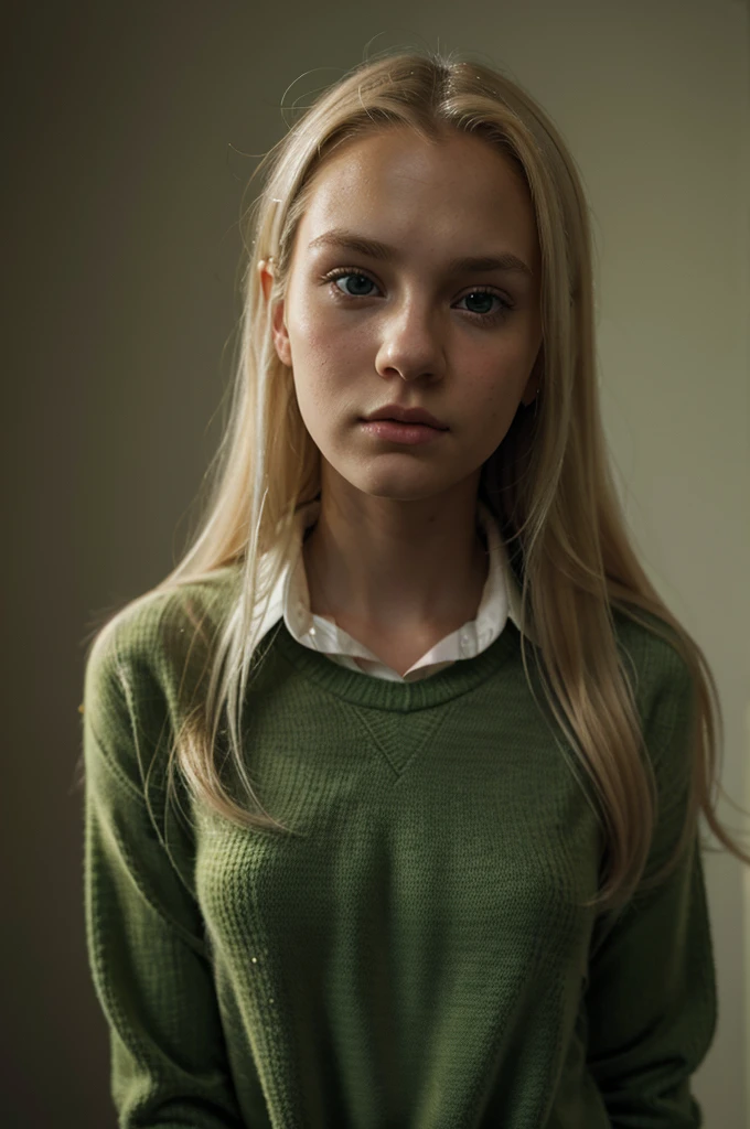 blond woman with long hair wearing green sweater and white collared shirt, a hyperrealistic , hyperrealistic , portrait of high school girl, similar to malfoy, age female , frown fashion model, hugh kretschmer, inspired by Martin Schoeller, erwin olaf, realistic , robin eley, eva elfie,looking down,look at the viewer,from below