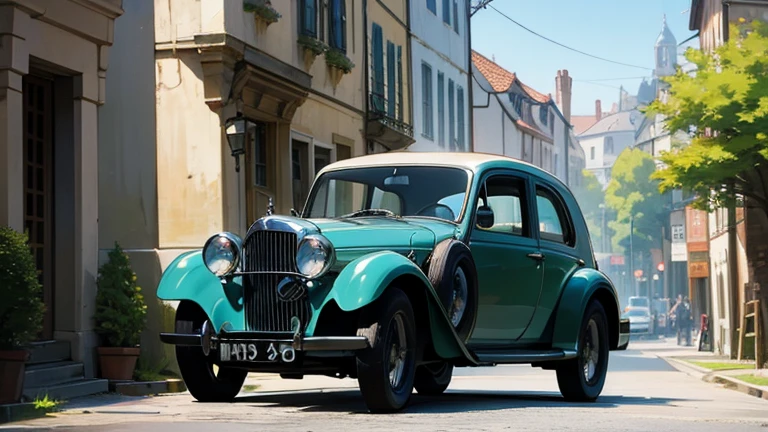 Beautiful scene of a morning day in a old town with a car, bentley, trees, street