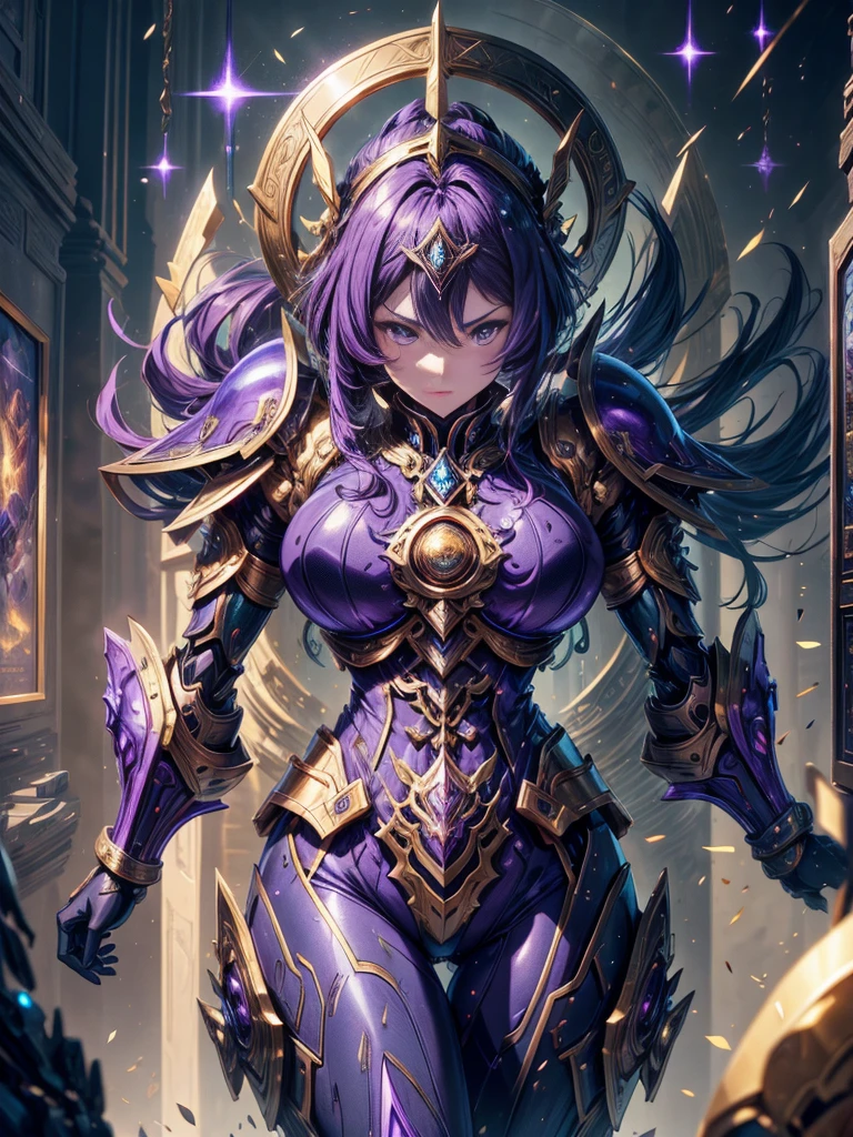 Full body frontal photo,Mecha woman warrior,Heroic style of the Three Kingdomech color: Purple deep series》,(《Romance of the Three Kingdoms》,《Sima Yi》,Magic weapon in hand,),(Full body mecha), 1 Girl, large breast, thicc, BIG ASS, Keqing from Genshin Impact, helmet off, (Masterpiece) , The best quality, High quality,Gold armor,Movie Lighting, (Exquisite future), Beautiful and beautiful, Ultra detailed, great composition, Floating, Depth of field, (Very detailed CG,Unity 8k Wallpaper), (Beautiful detail background), dramatic lights, GOGETTA, Mecha,best qualtiy,Ultra-high resolution,