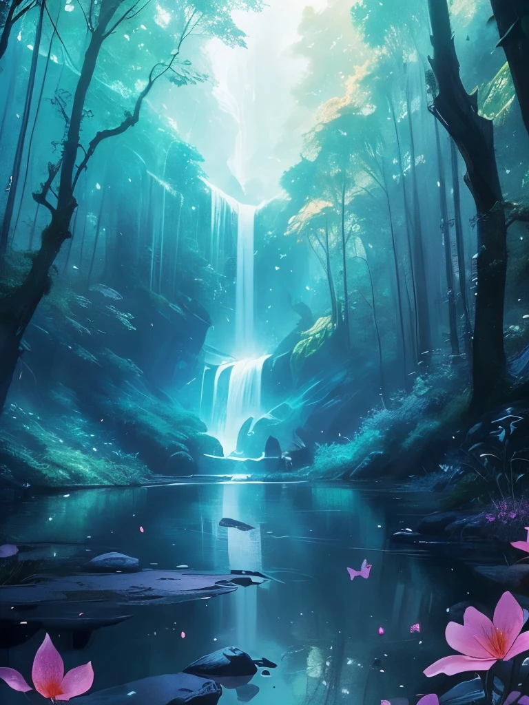 a waterfall in the middle of a forest with lots of butterflies flying around, concept art by Yang J, trending on cgsociety, fantasy art, 🌺 cgsociety, ross tran. scenic background, magical environment, lost in a dreamy fairy landscape, very magical and dreamy, magical fantasy forest, magical background, magical forest with fireflies, magic fairy forest, beautiful anime scene