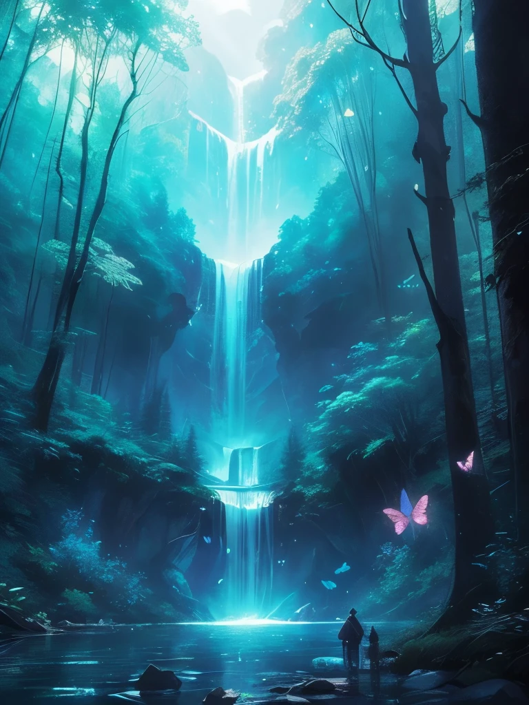 a waterfall in the middle of a forest with lots of butterflies flying around, concept art by Yang J, trending on cgsociety, fantasy art, 🌺 cgsociety, ross tran. scenic background, magical environment, lost in a dreamy fairy landscape, very magical and dreamy, magical fantasy forest, magical background, magical forest with fireflies, magic fairy forest, beautiful anime scene