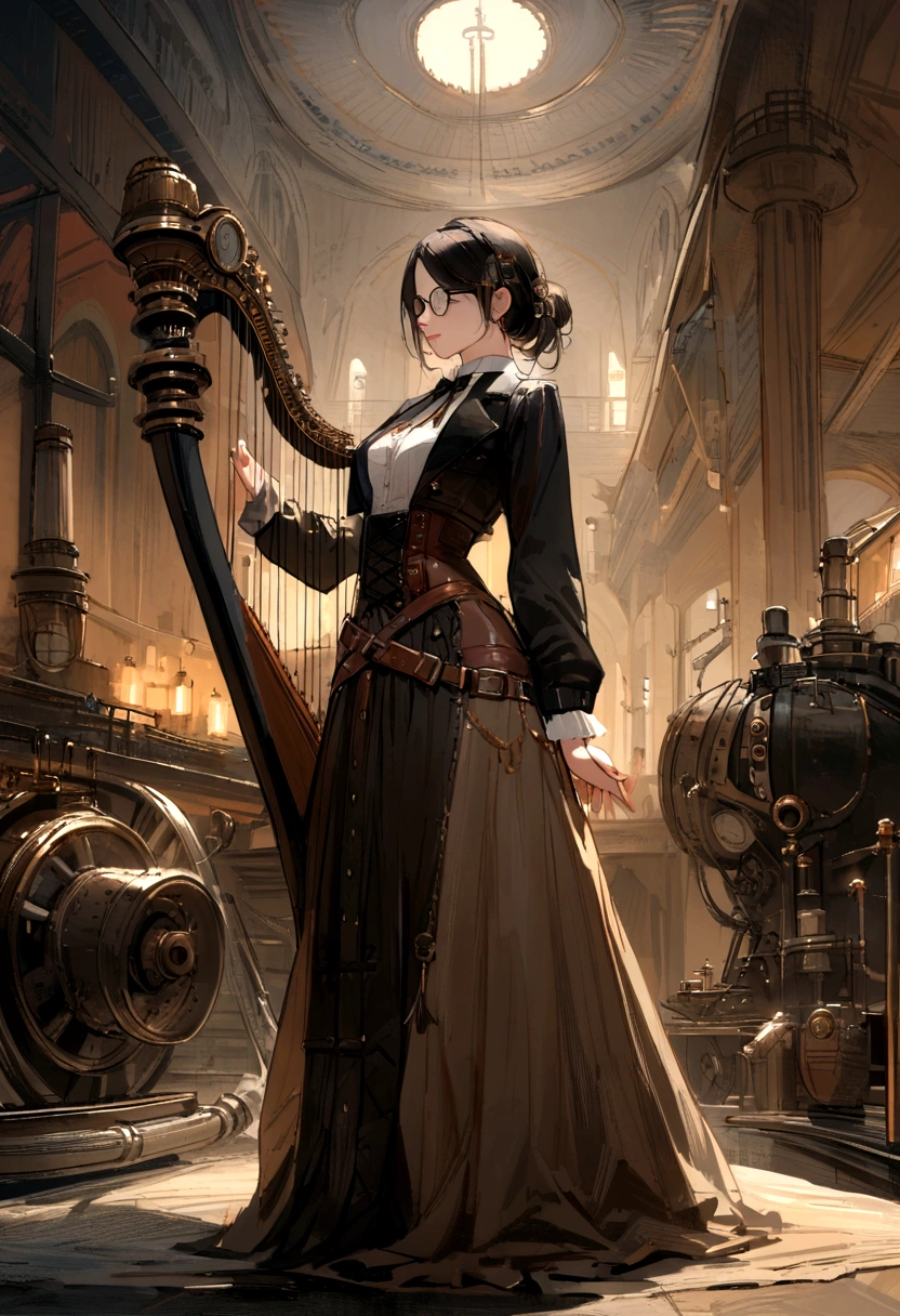 (voodoo doll playing knitted harp:1.2), (Voodoo Steampunk:1.3), (badass clothing: leather corset, aviator glasses, Gears and mechanical parts:1.0), (in the background steam engines, airships and Victorian buildings:1.2), best qualityer, work of art, detailed soft oil painting, detailed back ground, dramatic cinematic lighting, soft edge lighting, proffesional, dramatic lighting, hard edge lighting, ultra quality, 4K, work of art, best qualityer, 8K, ultra high definition, high resolution, extremely detaild, perfect details of the harp.