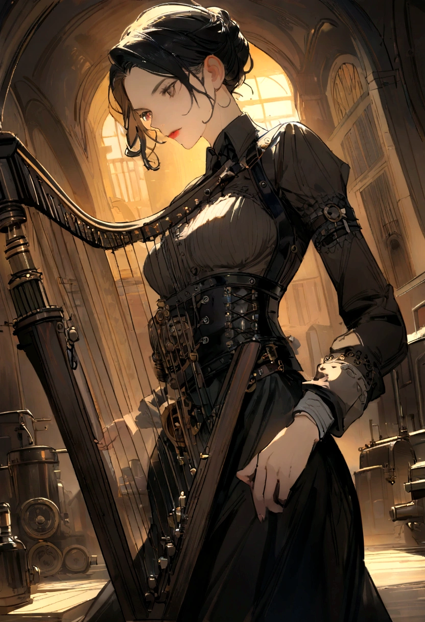 (voodoo doll playing knitted harp:1.2), (Voodoo Steampunk:1.3), (badass clothing: leather corset, aviator glasses, Gears and mechanical parts:1.0), (in the background steam engines, airships and Victorian buildings:1.2), best qualityer, work of art, detailed soft oil painting, detailed back ground, dramatic cinematic lighting, soft edge lighting, proffesional, dramatic lighting, hard edge lighting, ultra quality, 4K, work of art, best qualityer, 8K, ultra high definition, high resolution, extremely detaild, perfect details of the harp.