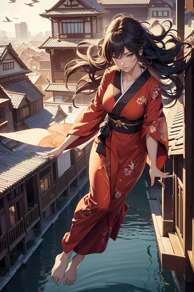 1woman,((((fullbody image)))),red kimono,((((flying)))),(((((flying over houses))))),huge hair,jumping(best quality,4k,8k,highres,masterpiece:1.2),ultra-detailed,(realistic,photorealistic,photo-realistic:1.37),detailed face,beautiful eyes,elegant pose,intricate kimono patterns,flowing hair,dramatic lighting,cinematic composition,vibrant colors,fantasy,digital art
