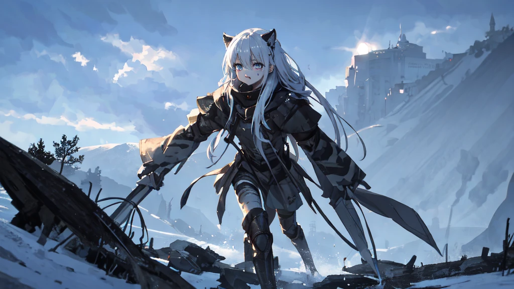 masterpiece:1.2), best quality , 独奏 ,pixiv, anime girl ，long straight white hair , black eyes ,Wearing off-white camouflage uniform ,ten years old，modern battlefield，(Eyes looking into the distance:1.3)，(look away:1.5)，snowy weather，dirty face，The background is a sea of fire with blood on the forehead，dirty face，Backlight，Bare rocky peaks ,Fierce flames are burning，The expression is sad，Grit your teeth，bullets flying
