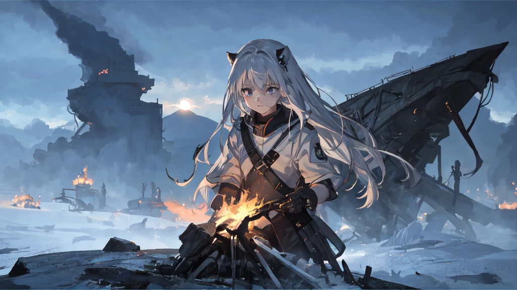 masterpiece:1.2), best quality , 独奏 ,pixiv, anime girl ，long straight white hair , black eyes ,Wearing off-white camouflage uniform ,ten years old，modern battlefield，(Eyes looking into the distance:1.3)，(look away:1.5)，snowy weather，dirty face，The background is a sea of fire with blood on the forehead，dirty face，Backlight，Bare rocky peaks ,Fierce flames are burning，The expression is sad，Grit your teeth，bullets flying
