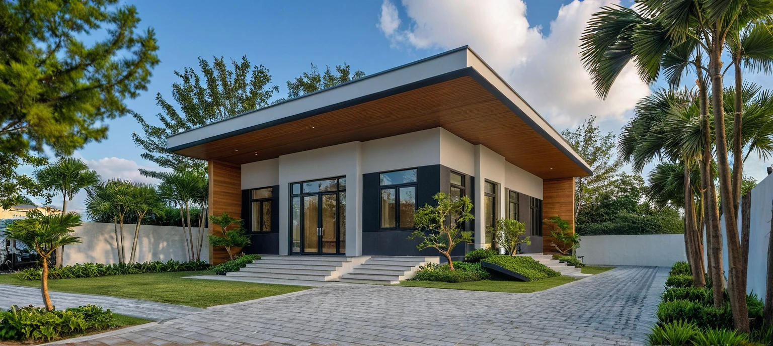 Masterpiece, high quality, best quality, authentic, super detail, outdoors, onestoreyvillaXL, aiaigroup, house style modern on the street ,stairs, white wall ,road,pavement, grass, trees, sky, cloud, (daylight:1.1)
