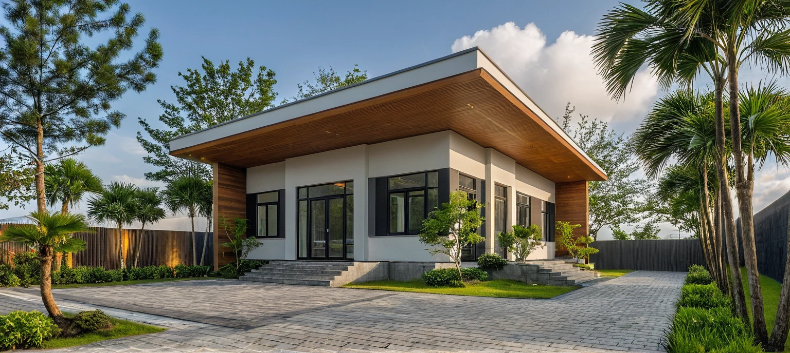 Masterpiece, high quality, best quality, authentic, super detail, outdoors, onestoreyvillaXL, aiaigroup, house style modern on the street ,stairs, white wall ,road,pavement, grass, trees, sky, cloud, (daylight:1.1)