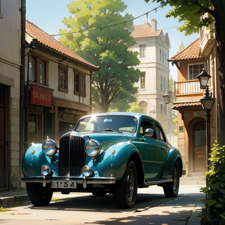 Beautiful scene of a morning day in a old town with a car, bentley, trees, street