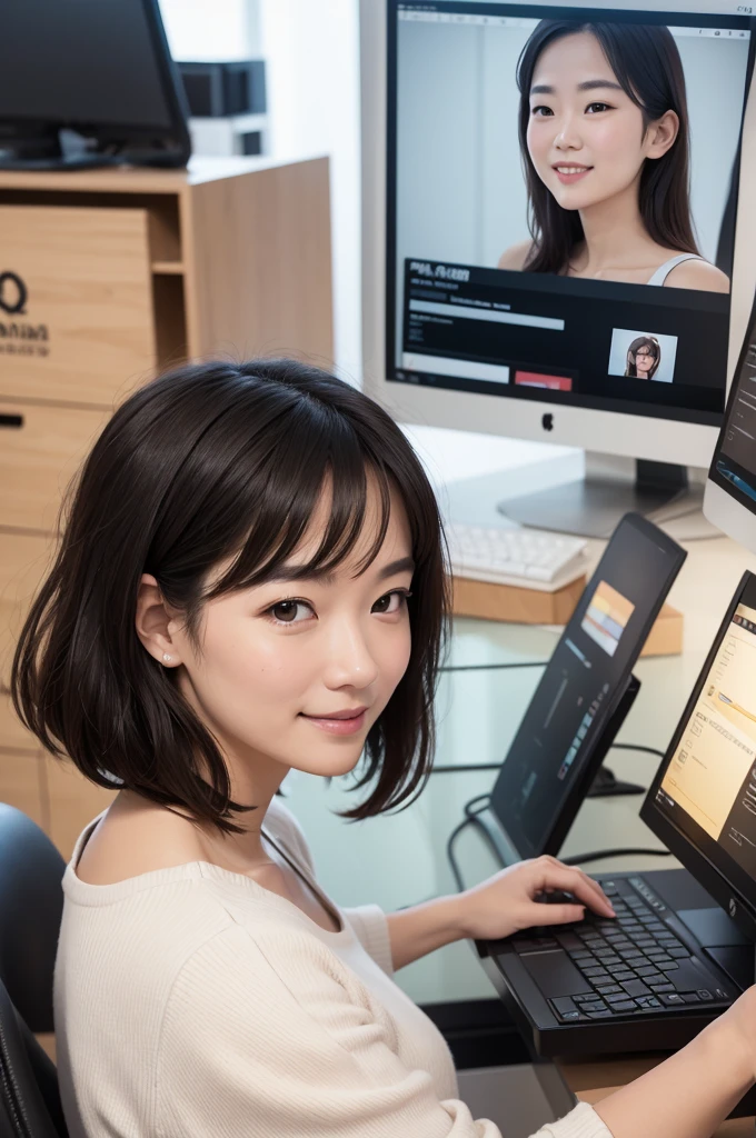 1girl,Japanese model girl,short hair,bangs,(dark tanned skin:1.1),cute girl,(flat chest),(skinny),
BREAK
(fun photo published in the company newsletter:1.3),
(elegant part-time job lady:1.3),
(naked:1.5),(nipples:1.5),(pubic hair:1.3),
(in office, luxury office furniture, monitor, (crowd of women at work:1.25):1.2),
BREAK
(fun feeling, happy feeling:1.3),
dynamic pose,dynamic angle,
(happily working in the office:1.3),
(lively smile:1.4),
BREAK
(absurdres:1.3),(ultra detailed photograph:1.5),(detailed face and skin:1.3),(ultra high res:1.5),(photorealistic:1.5),hyperrealistic photography,best quality,symmetric clear eyes,well-groomed face,(ray tracing:1.3),(natural smooth moist facial skin texture:1.1)Japanese girls, small face, large dropping eyes, BREAK (fun photo published in the company newsletter:1.3), (pretty very young part-time job girl:1.3),(naked:1.5), (high heel shoes), (skinny), (flat chest(flat:1.5)), ((pussy)), ((pubic hair:1.3)), (in office, luxury office furniture, monitor, office chair, (crowd of naked women at work:1.25):1.2), BREAK (fun feeling, happy feeling:1.2), dynamic pose,dynamic angle, (happily working in the office:1.2), (lively smile:1.3), BREAK (sharp pan-focus:1.5), (absurdres:1.3),(ultra detailed photograph:1.5),(detailed face and skin:1.3),(ultra high res:1.5),(photorealistic:1.5),hyperrealistic photography,best quality,symmetric clear eyes,well-groomed face,(ray tracing:1.3),(natural smooth moist facial skin texture:1.1)