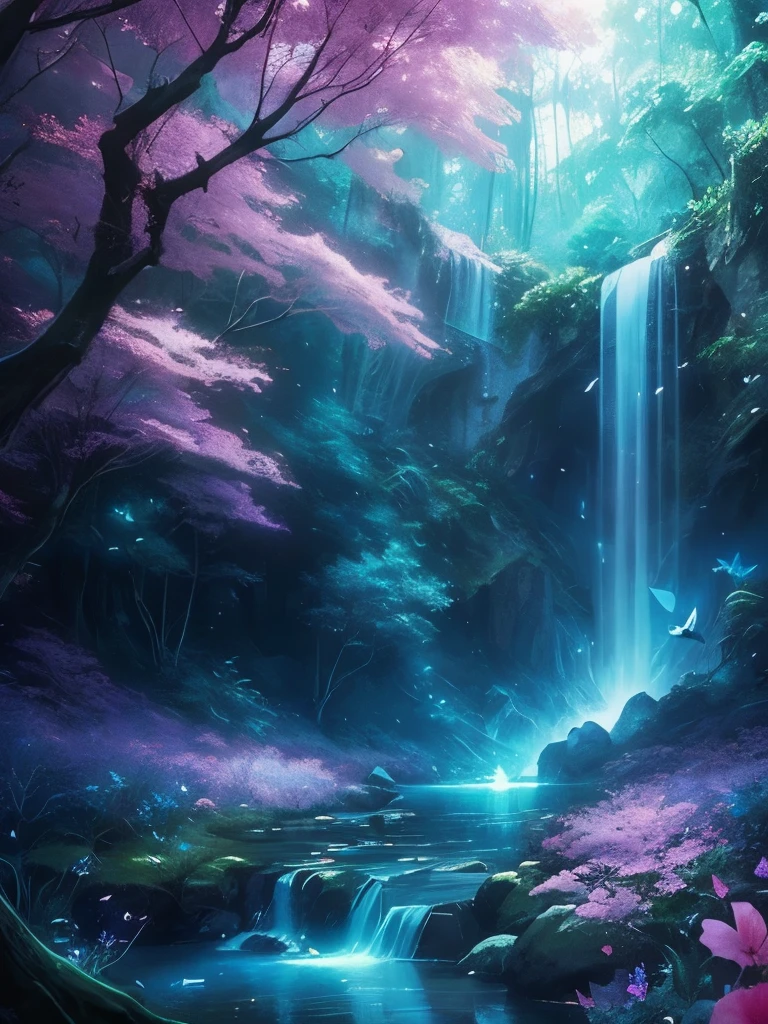 a waterfall in the middle of a forest with lots of butterflies flying around, 🌺 cgsociety, ross tran. scenic background, magical environment, lost in a dreamy fairy landscape, very magical and dreamy, magical fantasy forest, magical background, by Yang J, magical forest with fireflies, magic fairy forest, beautiful anime scene, stunning! concept art, magical landscape