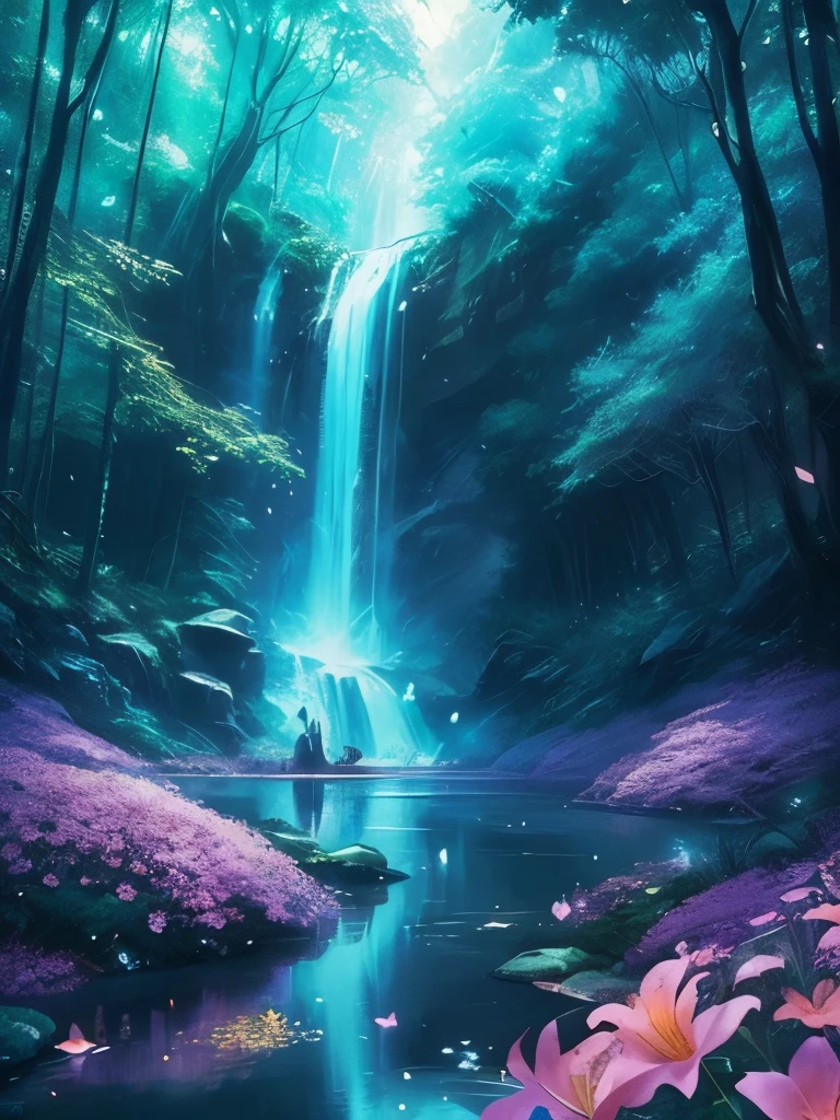 a waterfall in the middle of a forest with lots of butterflies flying around, 🌺 cgsociety, ross tran. scenic background, magical environment, lost in a dreamy fairy landscape, very magical and dreamy, magical fantasy forest, magical background, by Yang J, magical forest with fireflies, magic fairy forest, beautiful anime scene, stunning! concept art, magical landscape