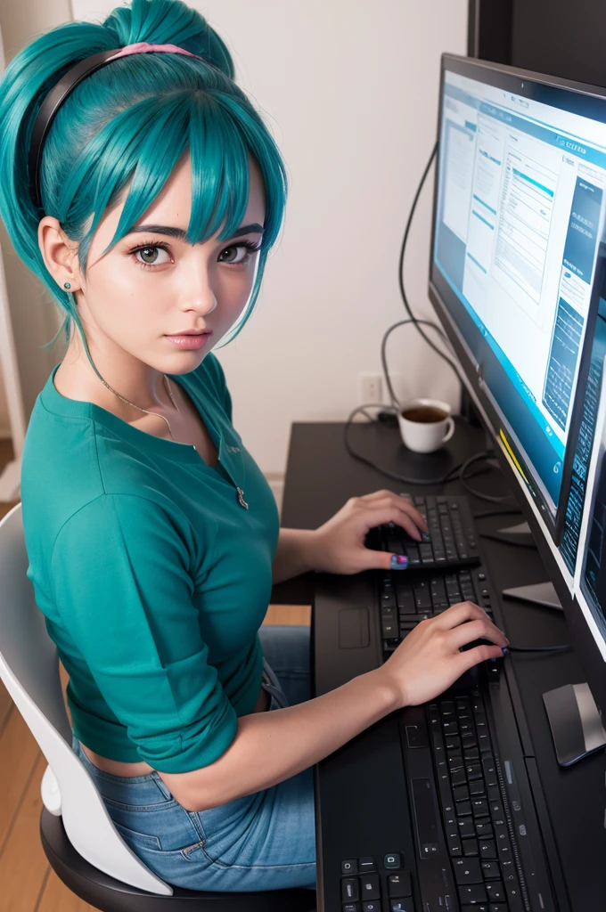 Bulma working on the computer 