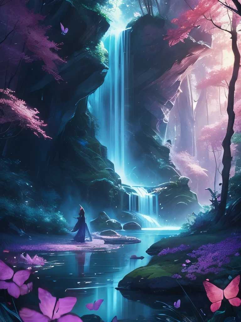 a waterfall in the middle of a forest with lots of butterflies flying around, concept art by Yang J, trending on cgsociety, fantasy art, 🌺 cgsociety, ross tran. scenic background, magical environment, lost in a dreamy fairy landscape, very magical and dreamy, magical fantasy forest, magical background, magical forest with fireflies, magic fairy forest, beautiful anime scene