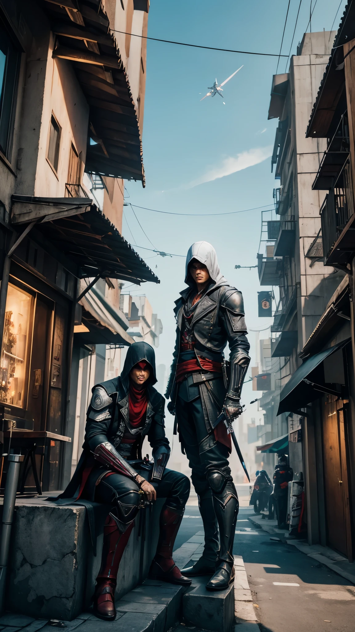 Two Cyberpunk Assassin's Creed Holding swords, Sitting on the rafters on the wall on the restaurant street on a modern street. Robots work everywhere. Modern weapons. Modern red suit. Electronic city. Modern weapons. White suit. Hold the blade. Metal robot arm. Hold the gun. Many people pass by.Cooldown. Cool pose.